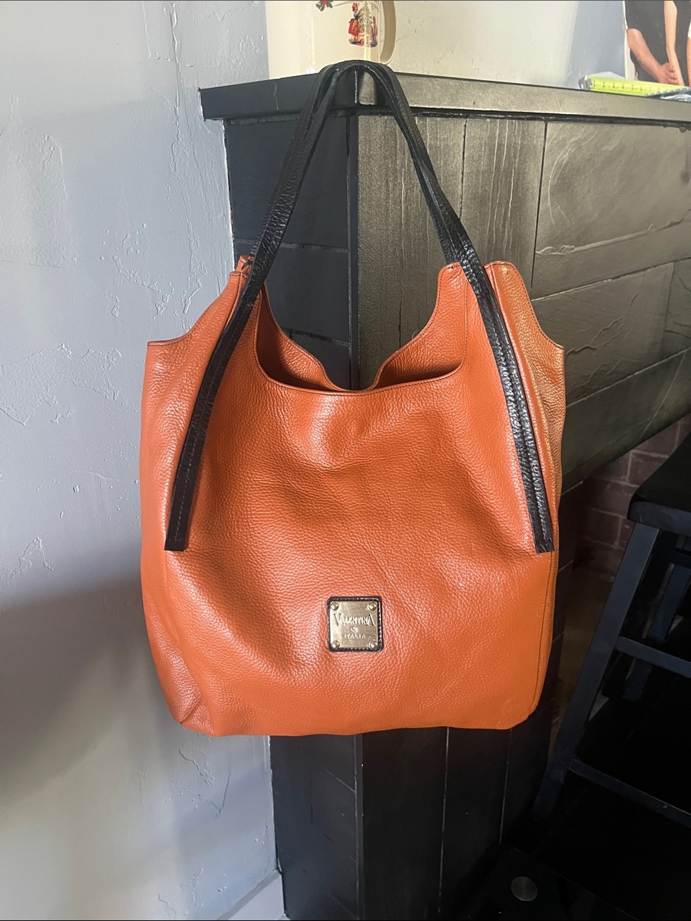 Valentina Orange Leather Tote with Black Handles